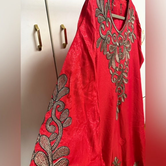 Tops - Arabian Red Embroidered Long Dress with Metallic Thread Detail L/XL